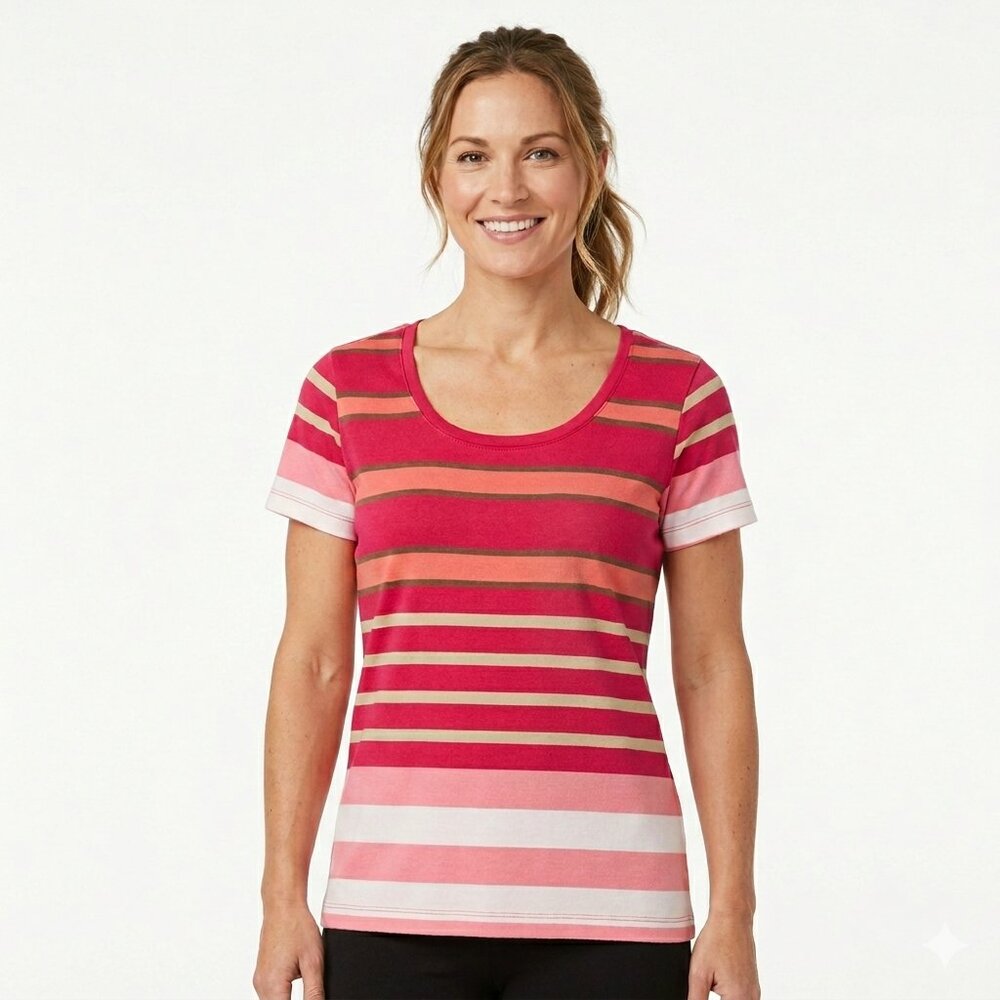 St. John's Bay Women's Tee in Pink, White & Grey Stripes - L   NWT